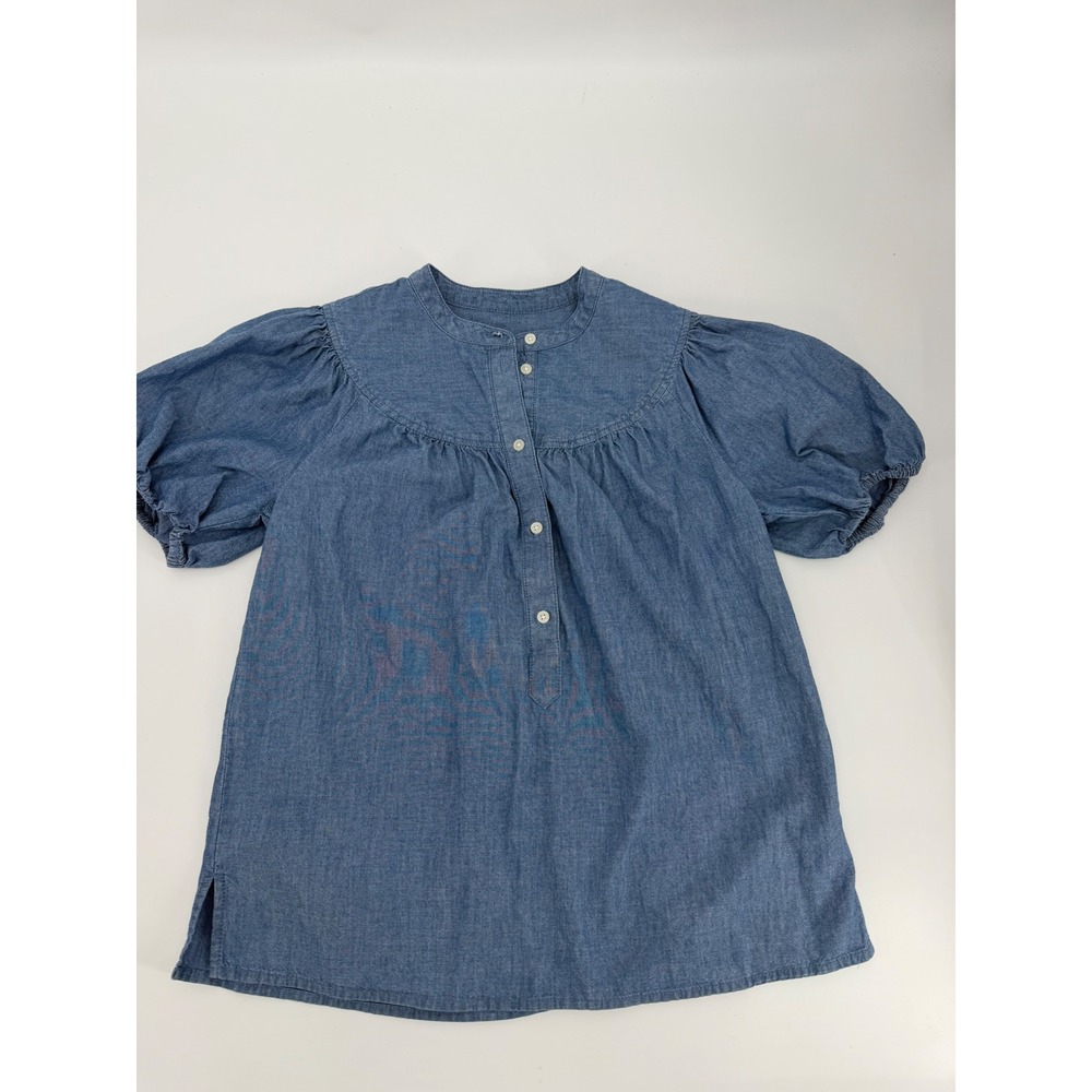 J.Crew Denim Oversized Puff‎ Sleeve Top Blue Chambray Button Front Blouse XXS